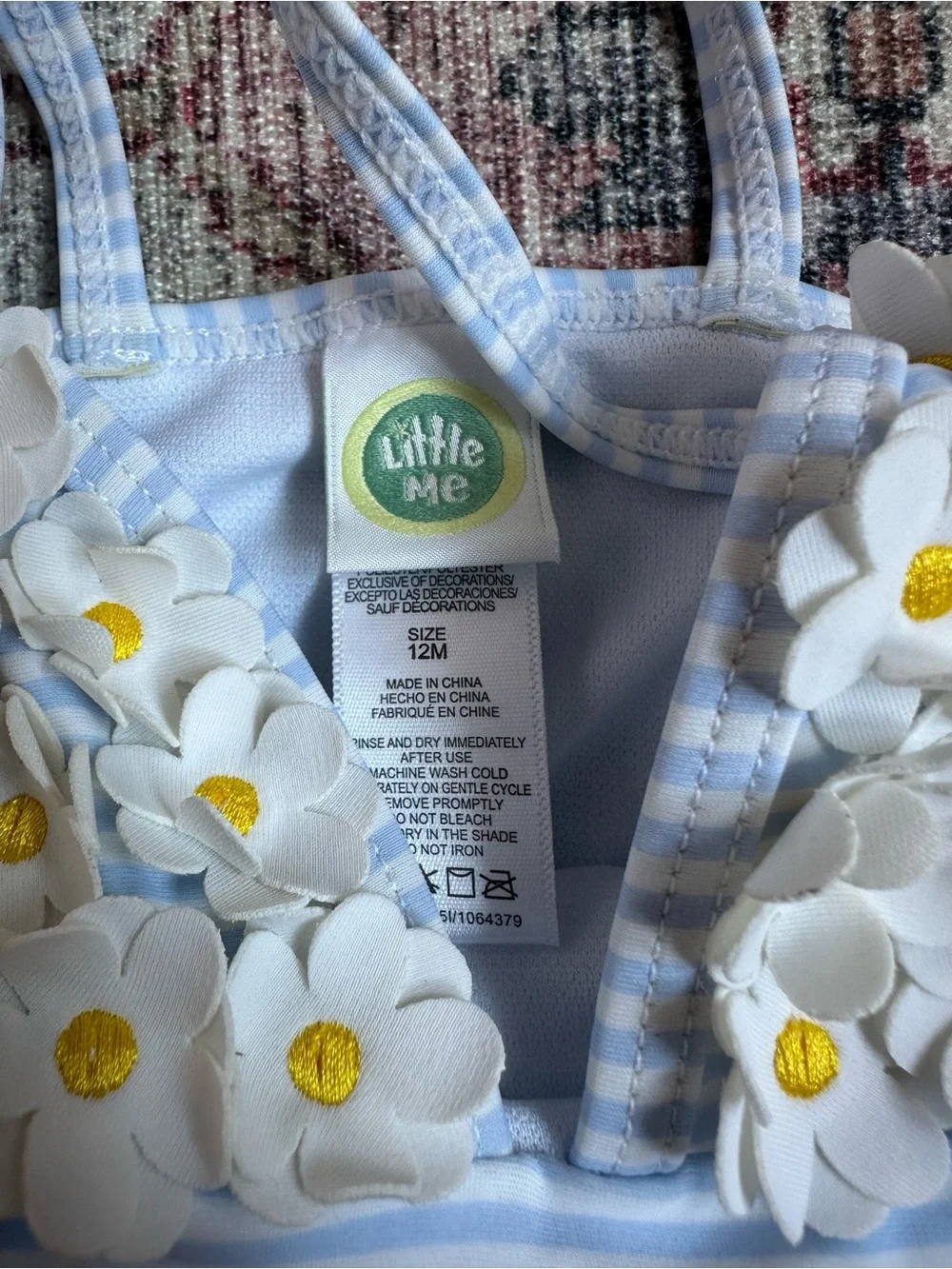 Little Me Light Blue & White Striped Daisy Ruffle One-Piece 12M
